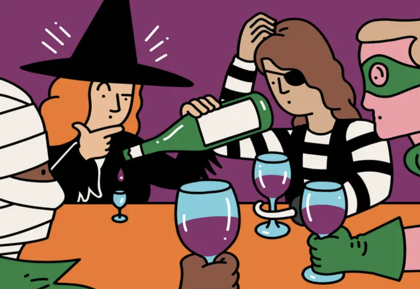 an illustration of a witch and a pirate sitting at a table with drinks
