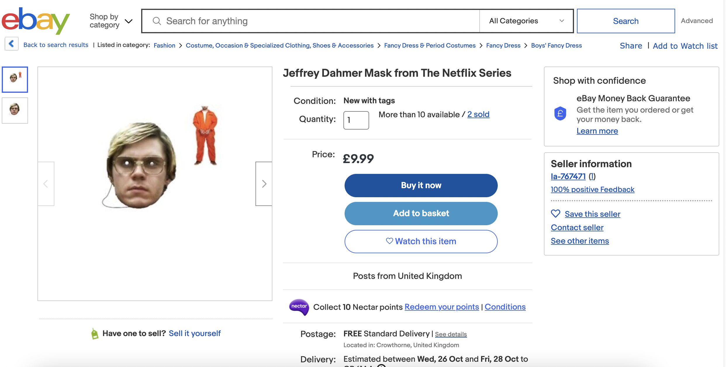 An eBay listing for a mask of Evan Peters&#x27;s face as Jeffrey Dahmer