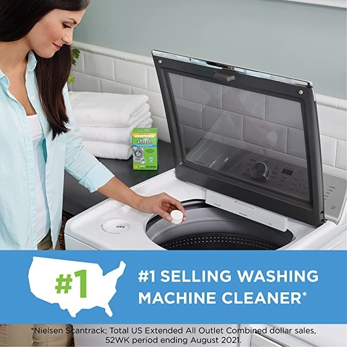 A model putting a cleaning tablet in a washing machine
