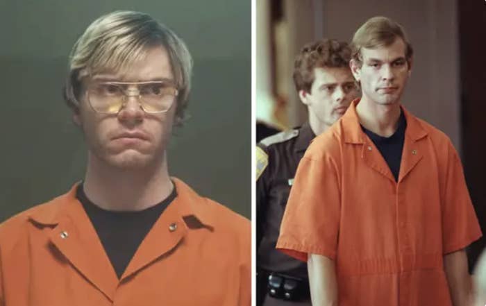 Evan Peters as Dahmer and the real-life Dahmer in prison jumpsuits