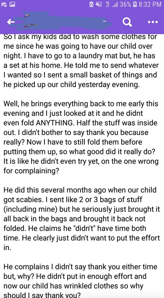 Post that says, &quot;He didn&#x27;t put in enough effort and now our child has wrinkled clothes so why should I say thank you?&quot;