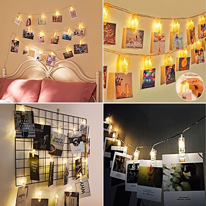 The photo clips hung on a wall with photos attached