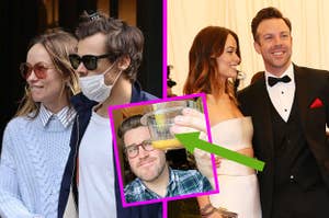 olivia wilde and harry style walking and another image of olivia and jason sudeikis, with author skeptically holding up dressing in the middle between them