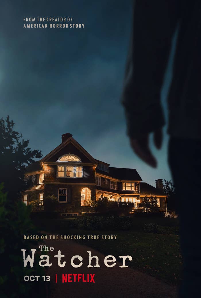 The promo poster for The Watcher showing the silhouette of a person standing outside of a house at night