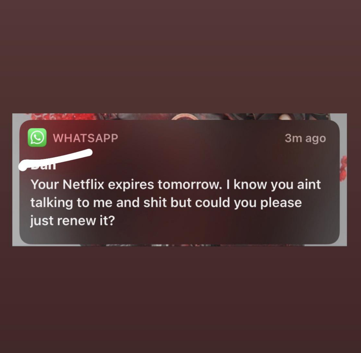 Copy of a message of someone asking someone else to renew their Netflix account.