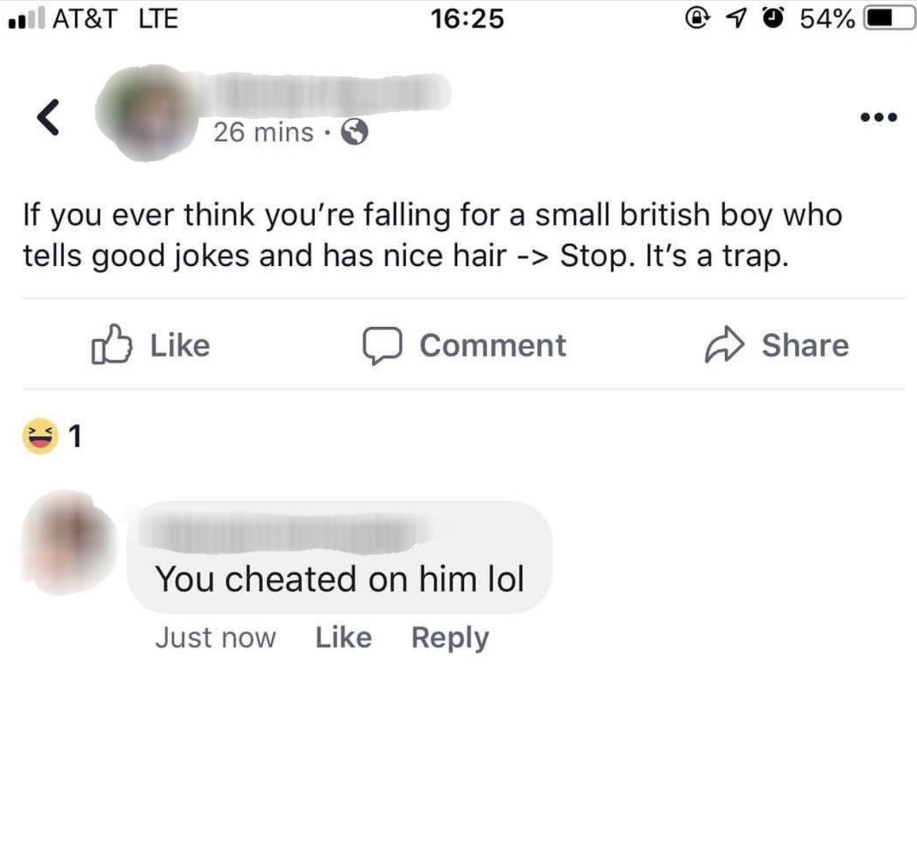 Comment telling the person they cheated on their boyfriend