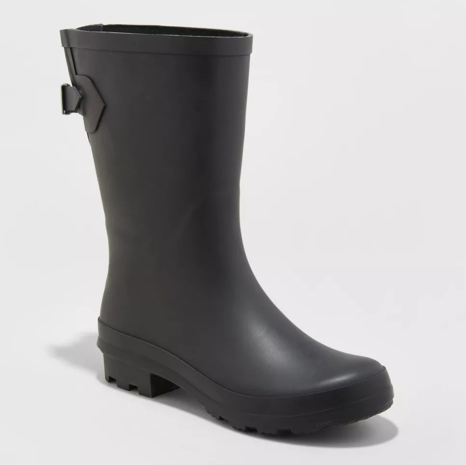 A matte black rainboot