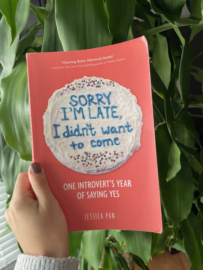 Buzzfeed writer holding the cover of the book that has the title decorated on a cake