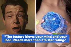 Man orgasming and model holding blue Fleshlight sleeve masturbator