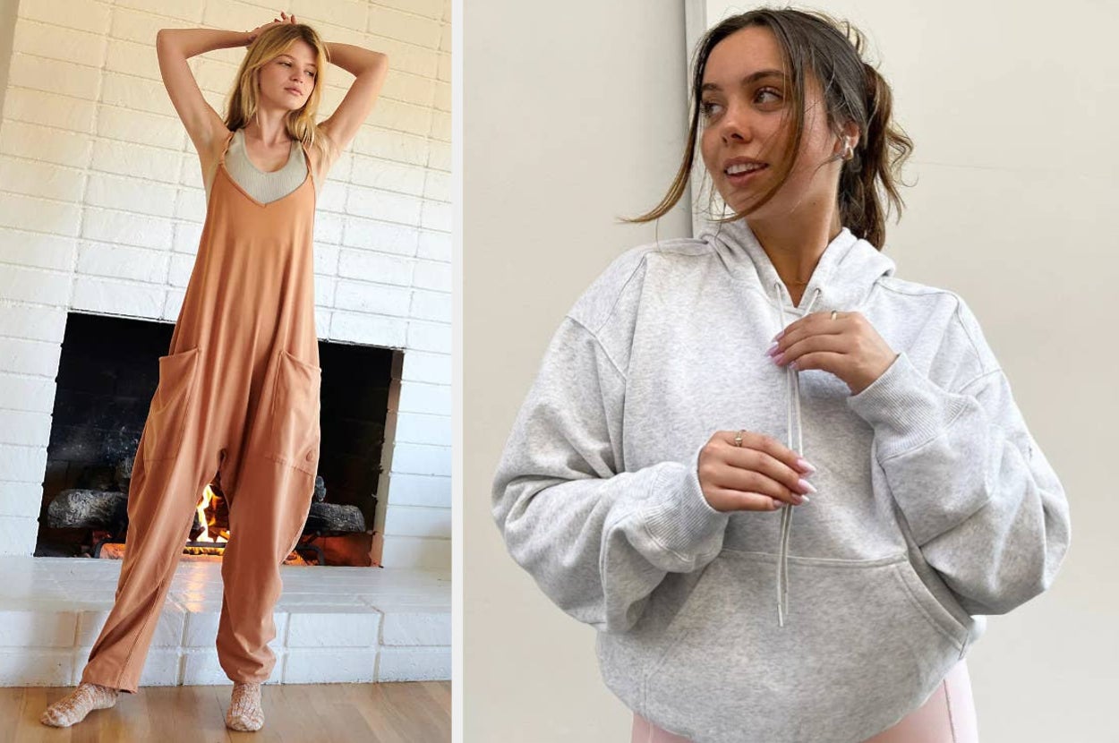 Model wearing brown jumpsuit with tank top underneath and thick socks standing in front of fireplace, model wearing gray hoodie with pink bottoms