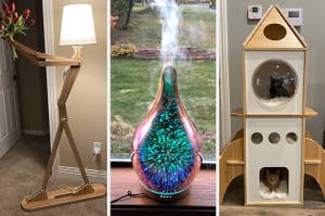 A split thumbnail of a lamp, a diffuser, and a cat condo