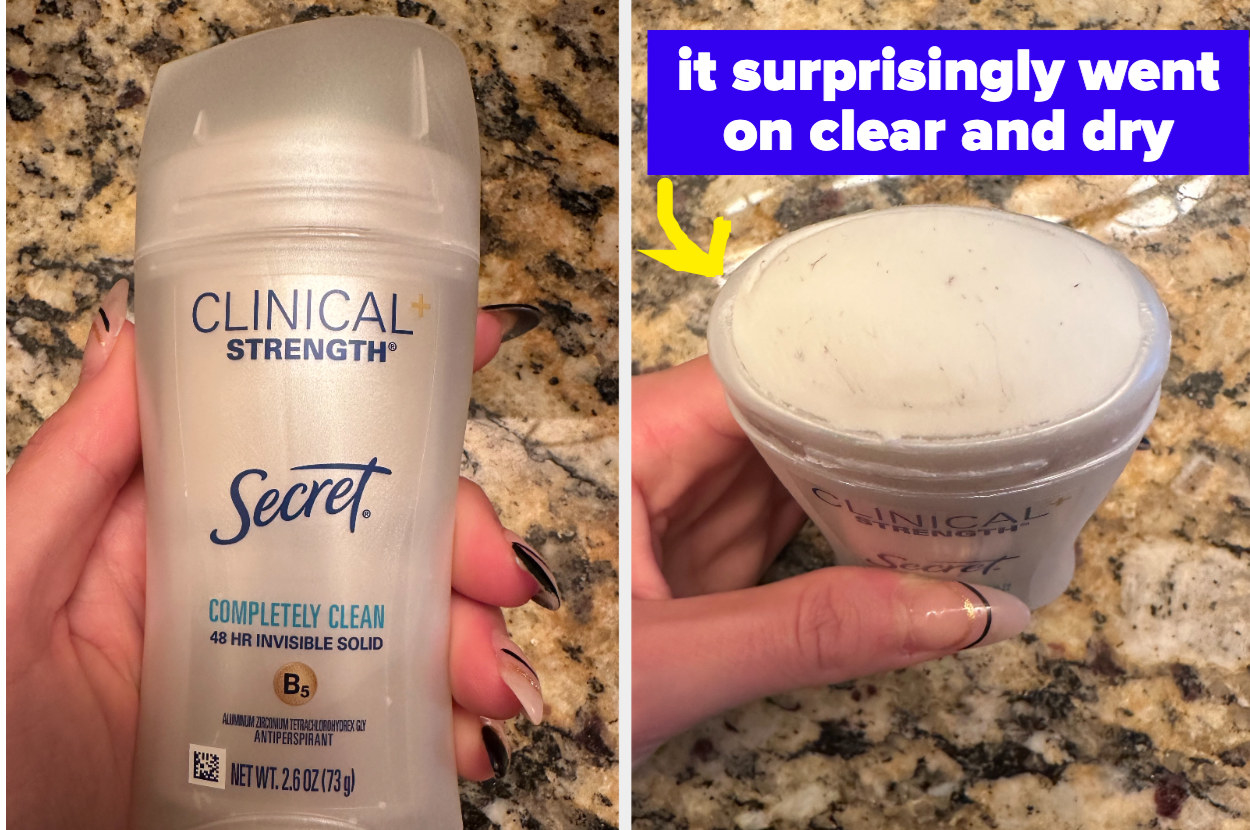 front and overhead shots of a stick of secret deodorant
