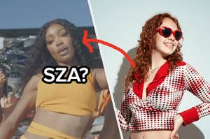 SZA wears a brightly colored crop top and a woman wears a patterned crop top