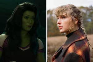 She-Hulk is on the left with Taylor Swift on the right