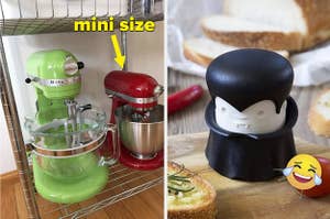 to the left: a mini kitchen aid mixer, to the right: a dracula garlic mincer
