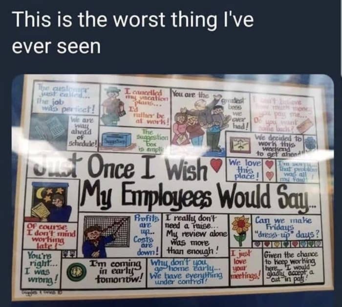 A &quot;Just Once I Wish My Employees Would Say&quot; poster with boxes containing messages like &quot;We decided to work this weekend to get ahead!&quot; &quot;I just love your meetings!&quot; and &quot;Given the chance to keep working here, I would gladly accept a cut in pay!&quot;