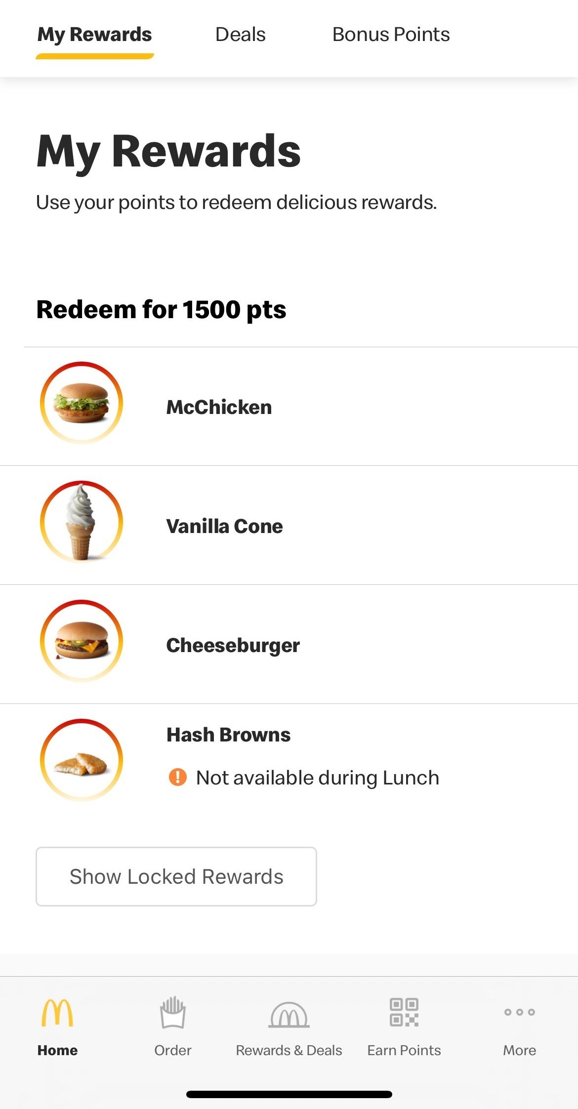 Different items that can be redeemed for 1500 points including a McChicken, Vanilla cone, Cheeseburger, and hash browns