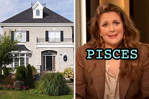 On the left, a suburban home surrounded by plants, and on the right, Billie Eilish labeled Pisces