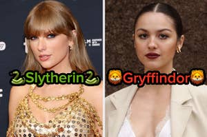 Taylor Swift wears a sparkly halter top dress and Olivia Rodrigo wears a light colored trench coat