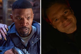 An African American man feels a sharp-nailed vampire hand on his shoulder during a moment of suspense in “Day Shift” / Sebastian Stan looks down menacingly at someone in the trunk of his car in “Fresh”