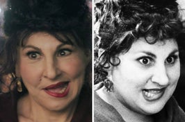 Kathy Najimy appears as her "Hocus Pocus" character Mary Sanderson in two different photos, wearing her signature plum dress with matching lipstick.