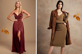 Two images of models wearing red and brown dresses