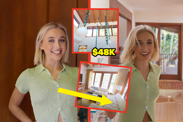 emma chamberlain walking into her house looking at the camera with inset images of a $48 thousand chandelier and arrow pointing to fluffly couch