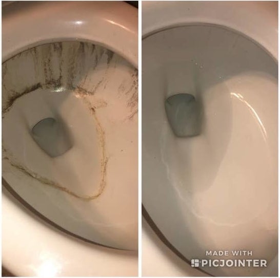 On the left: A review image of a toilet with many brown stains; on the right: The same toilet sparkling clean