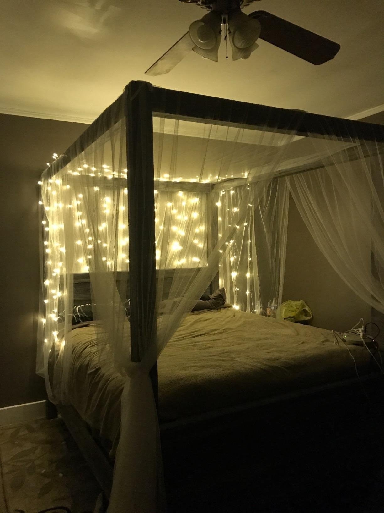 A reviewer&#x27;s bed with the canopy on it