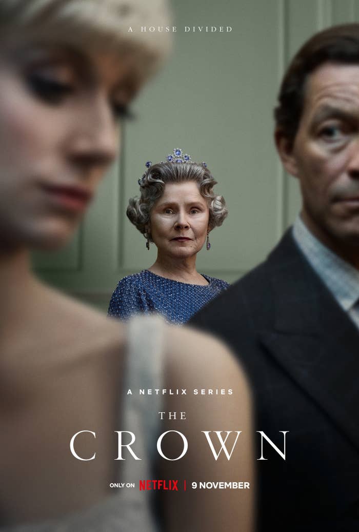 A promo poster for the show featuring Queen Elizabeth in the background as Princess Diana and Prince Charles stand in the foreground