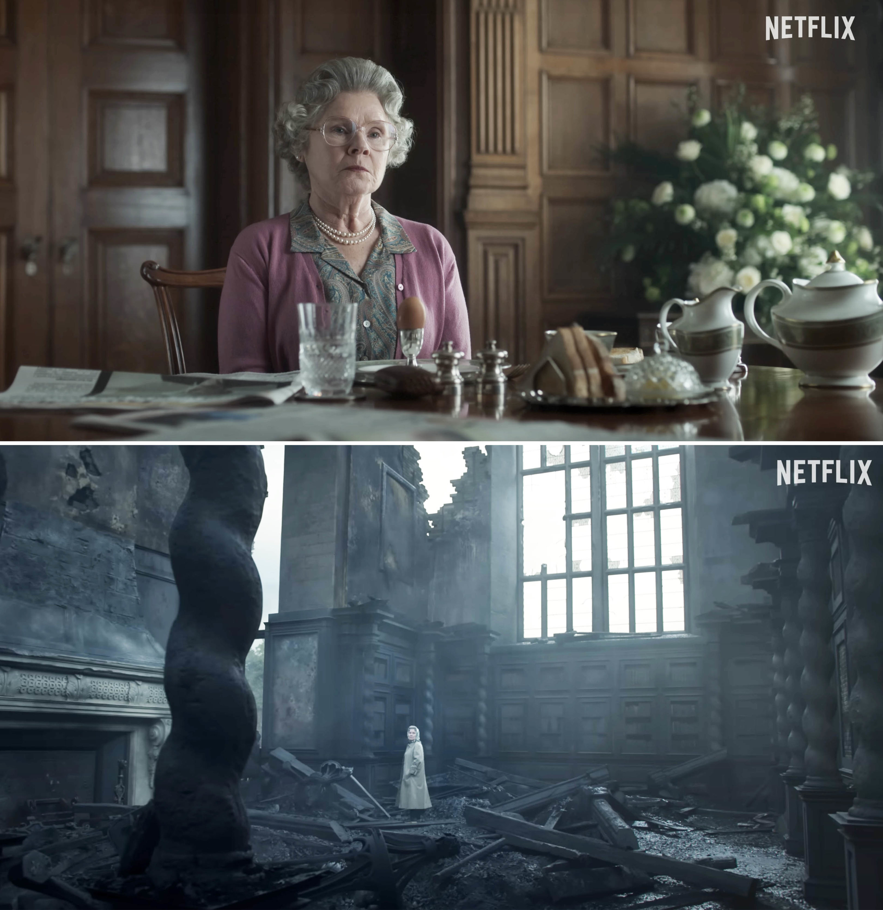 The queen sitting at a table looking very serious and standing in a partially destroyed building