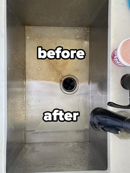 reviewer image of a stainless steel sink half covered in dark stains and the other half completely clean