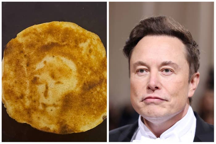 A pancake with a face next to a photo of Elon Musk.