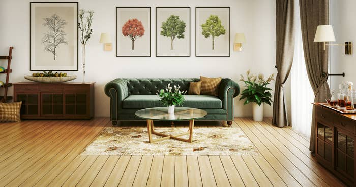 green velvet couch in a living room