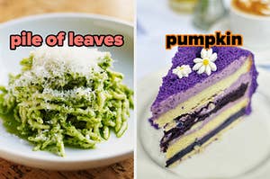 On the left, some pesto pasta topped with grated cheese labeled pile of leaves, and on the right, a slice of ube cake labeled pumpkin