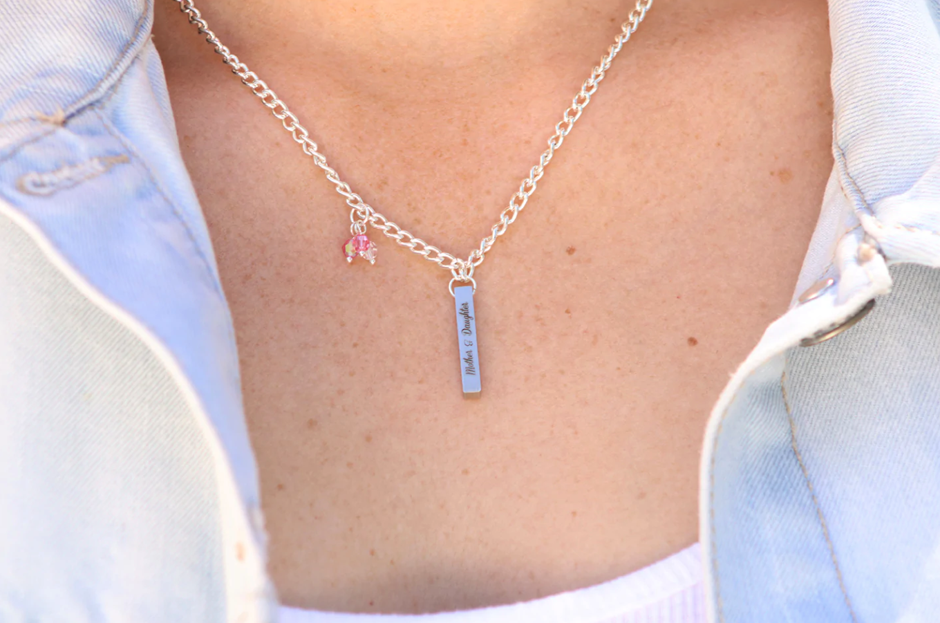 Model wearing Forever Together necklace engraved Mother &amp;amp; Daughter with precious rose pink and crystal moonlight crystals