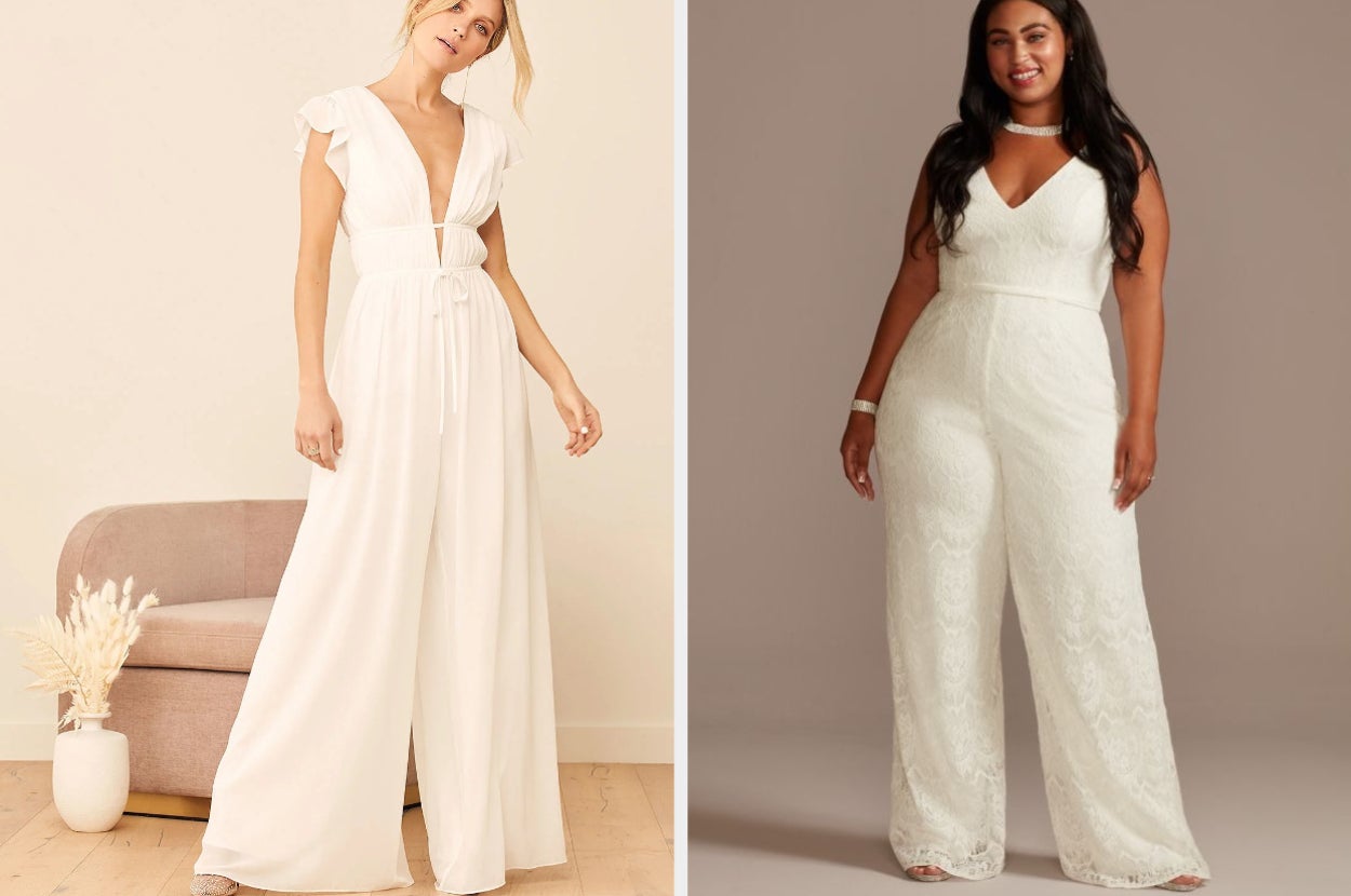 Two images of models wearing white jumpsuits