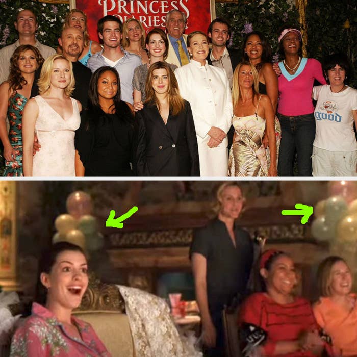A photo of the Princess Diaries cast, as well as a second photo of a party in the movie with arrows pointing to the balloons being talked about in the story