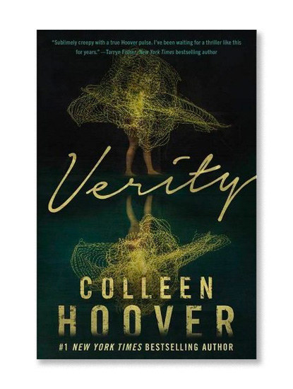 The cover of &quot;Verity&quot; by Colleen Hoover. It is dark green. A person&#x27;s legs are visible under a tangle of yellow netting that obscures the rest of the body. There is a reflection on the bottom half of the page