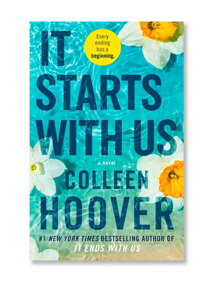 &quot;It Starts With Us&quot; book cover, by Colleen Hoover. The cover shows a water scene with daffodils floating across the page.