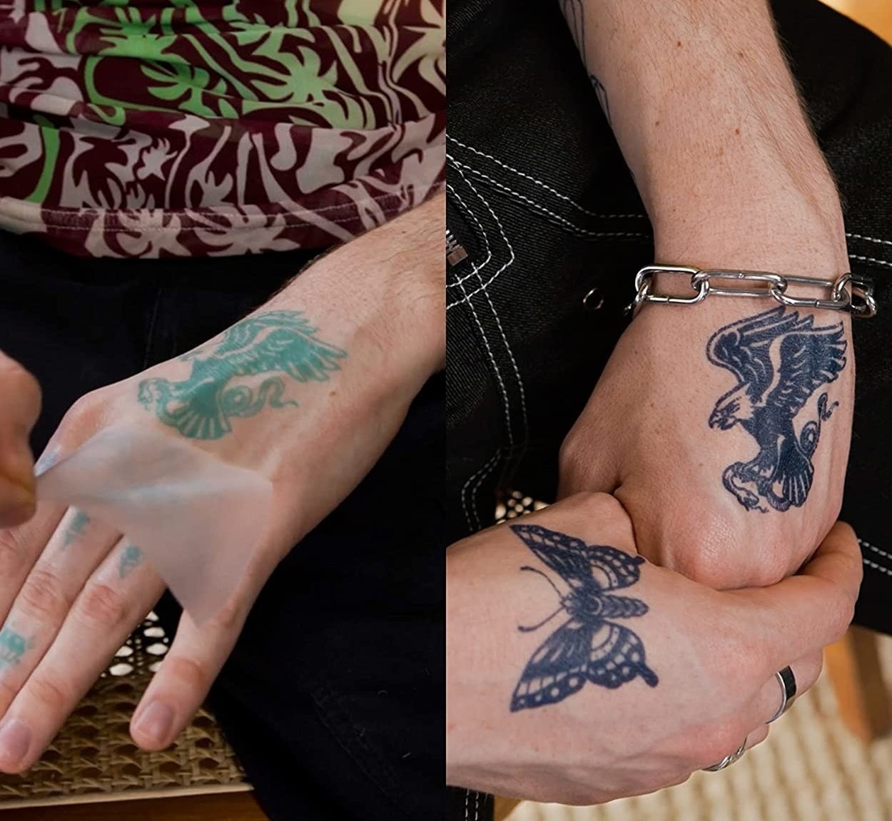 a split photo showing the difference of the tattoo after developing for 24 hours