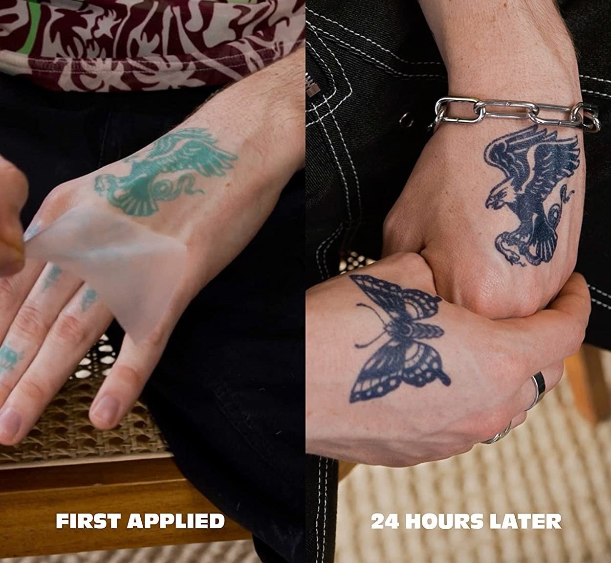 a split photo showing the difference of the tattoo after developing for 24 hours