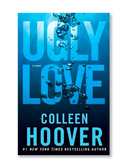 Colleen Hoover&#x27;s &quot;Ugly Love&quot; cover, featuring a light-blue-to-dark-blue gradient with bubbles floating towards the surface and light peeking through the water at the top.