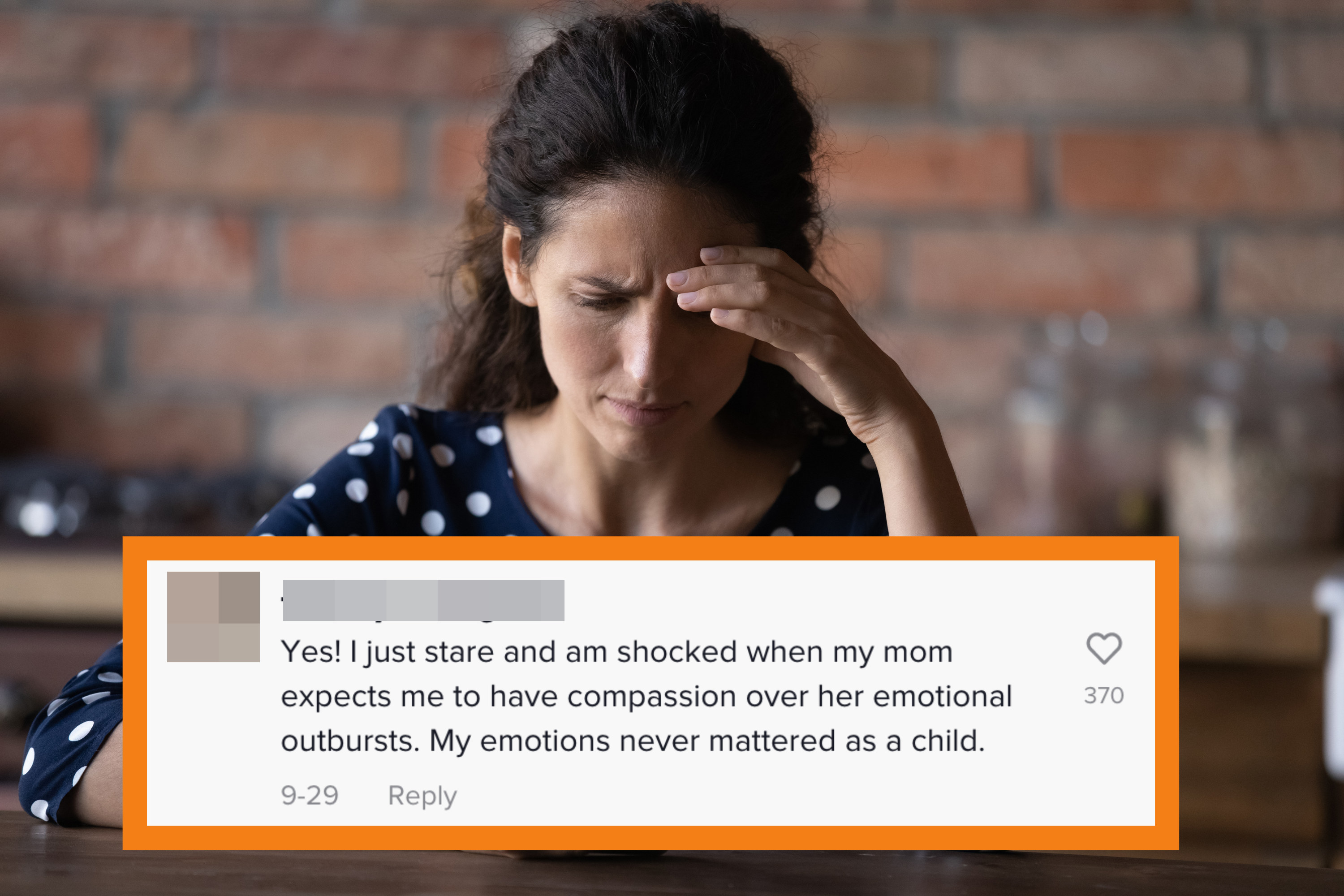 Stressed-out woman looking at her phone, overlaid with TikTok comment saying &quot;I&#x27;m shocked when my mom expects me to have compassion over her emotional outbursts when my emotions never mattered to her when I was a child&quot;