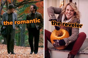 On the left, Sally and Harry from When Harry Met Sally walking in a park in autumn labeled the romantic, and on the right, Kate McKinnon carving a pumpkin in an SNL sketch labeled the reveler