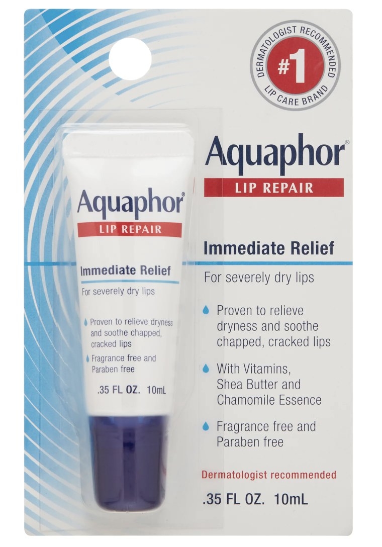 The tube says &quot;Aquaphor LIP REPAIR&quot; and has red and blue color detailing