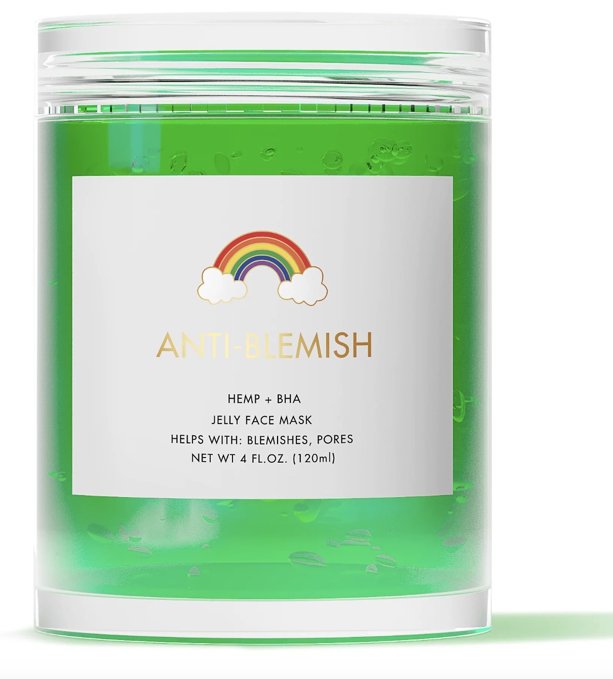 The clear jar is full of bright green material and wrapped with a rainbow label