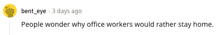 Reddit comment saying &quot;People wonder why office workers would rather stay home&quot;