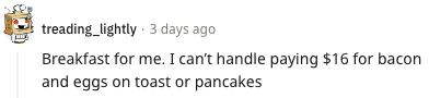 Reddit comment describing how expensive eating out breakfast can be