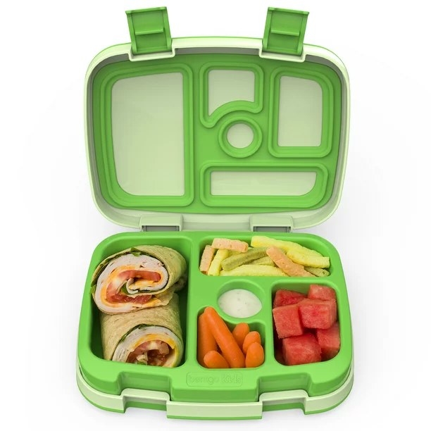 Green lunchbox filled with food